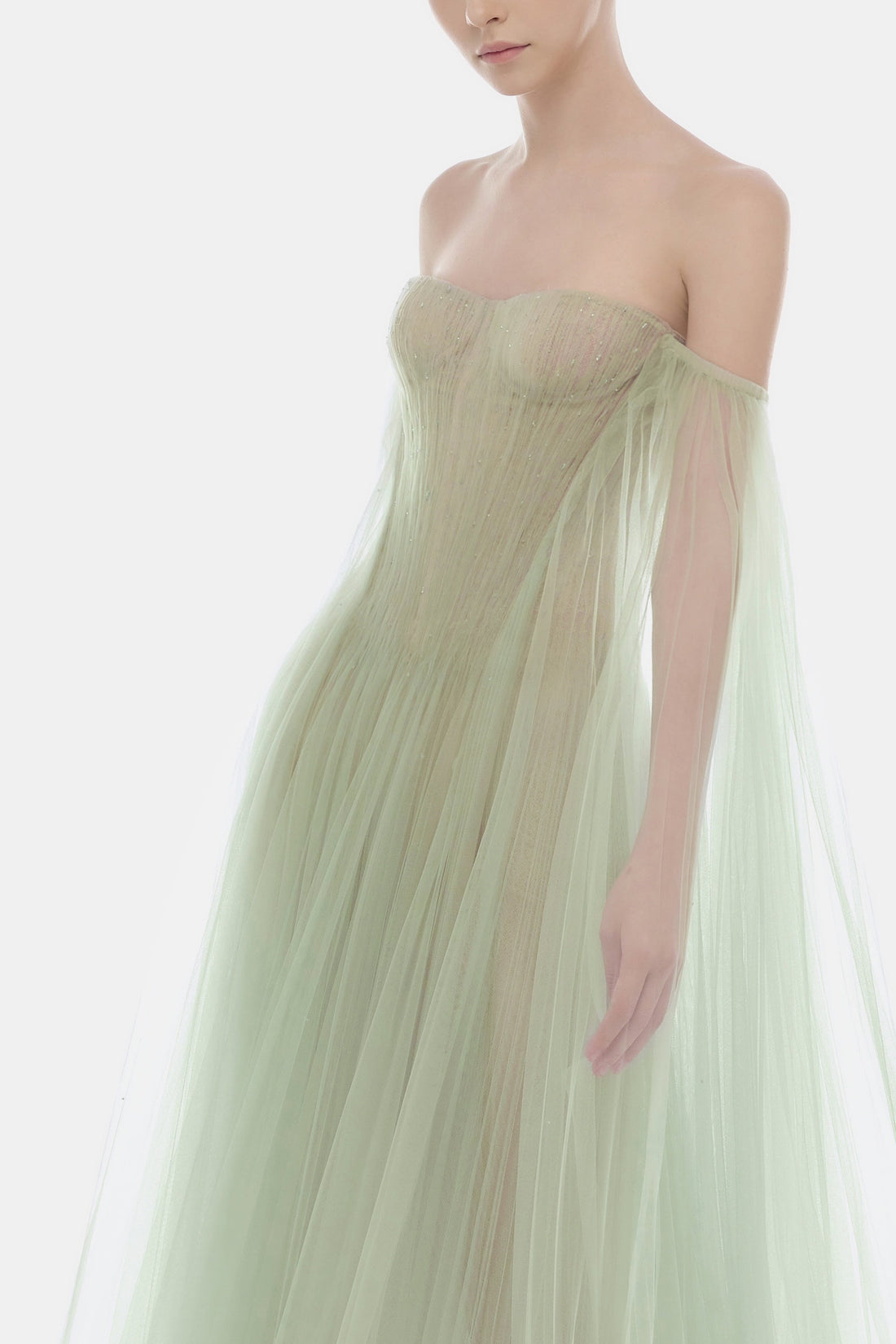 Montsand Mint Tulle Off-shoulder Midi Dress