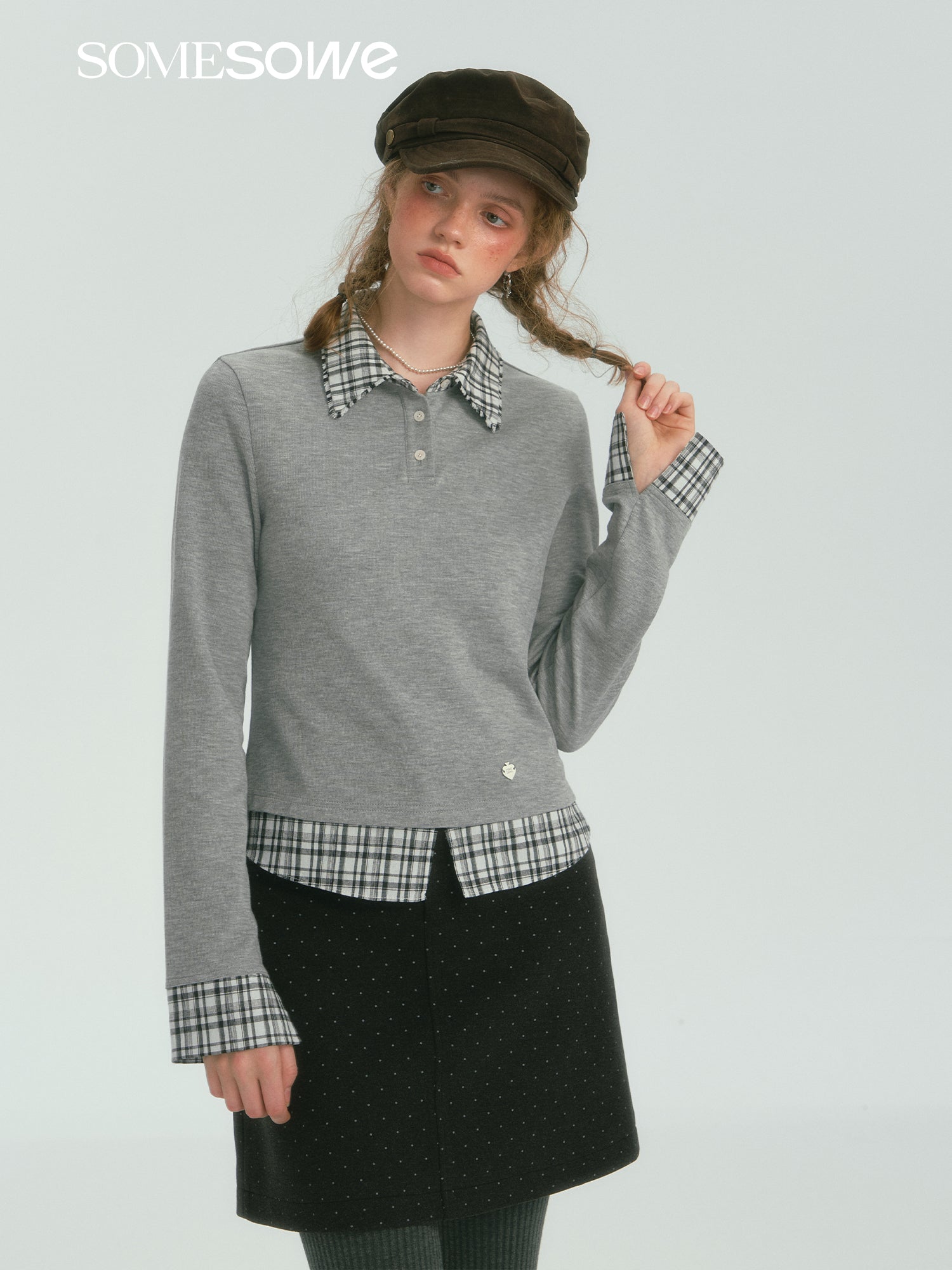 SOMESOWE S2407273 Plaid casual POLO long-sleeved top(2colors)