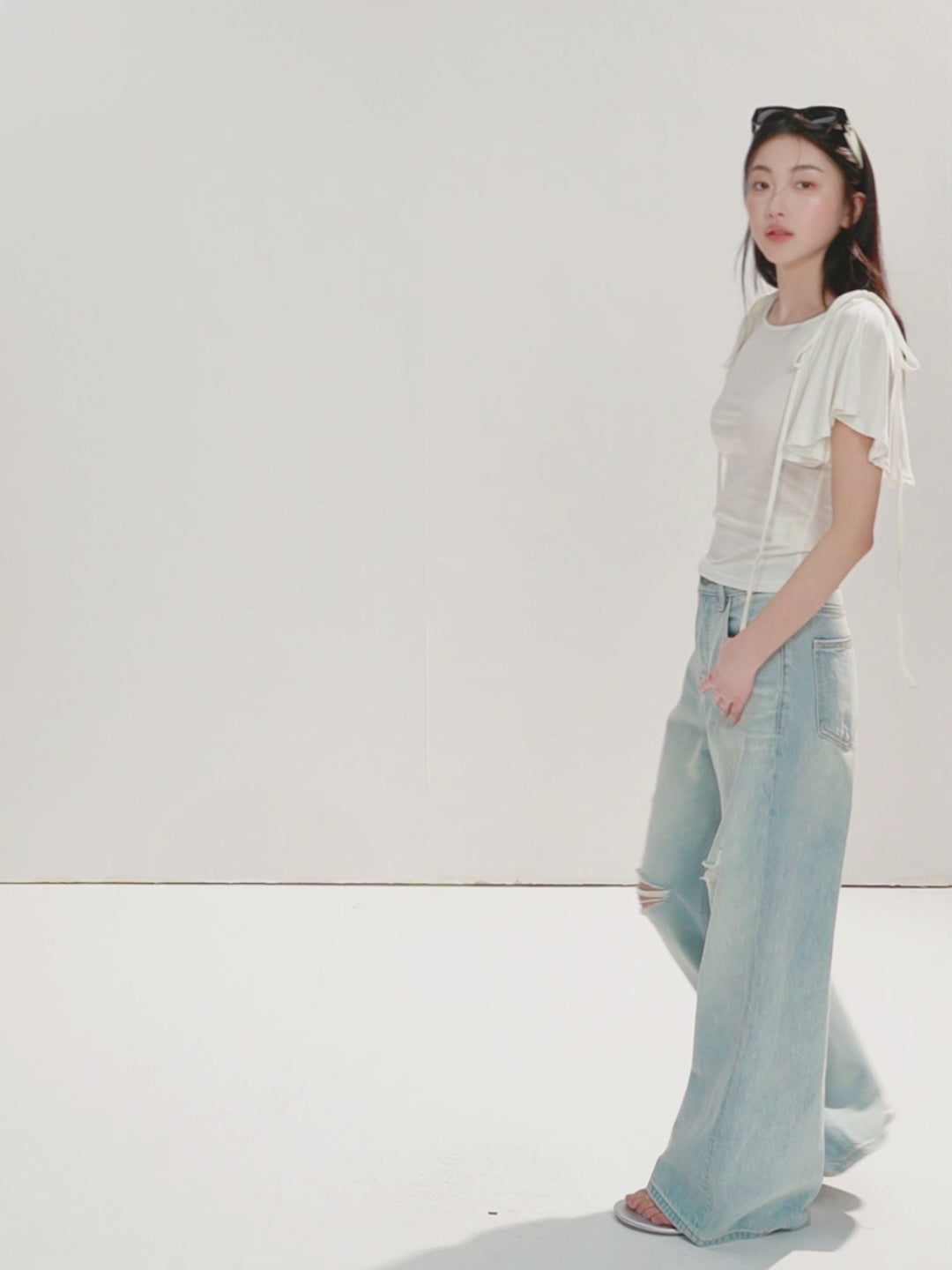 16DEWS 16D26236 Washed Light Blue Vintage Ripped Wide-Leg Jeans
