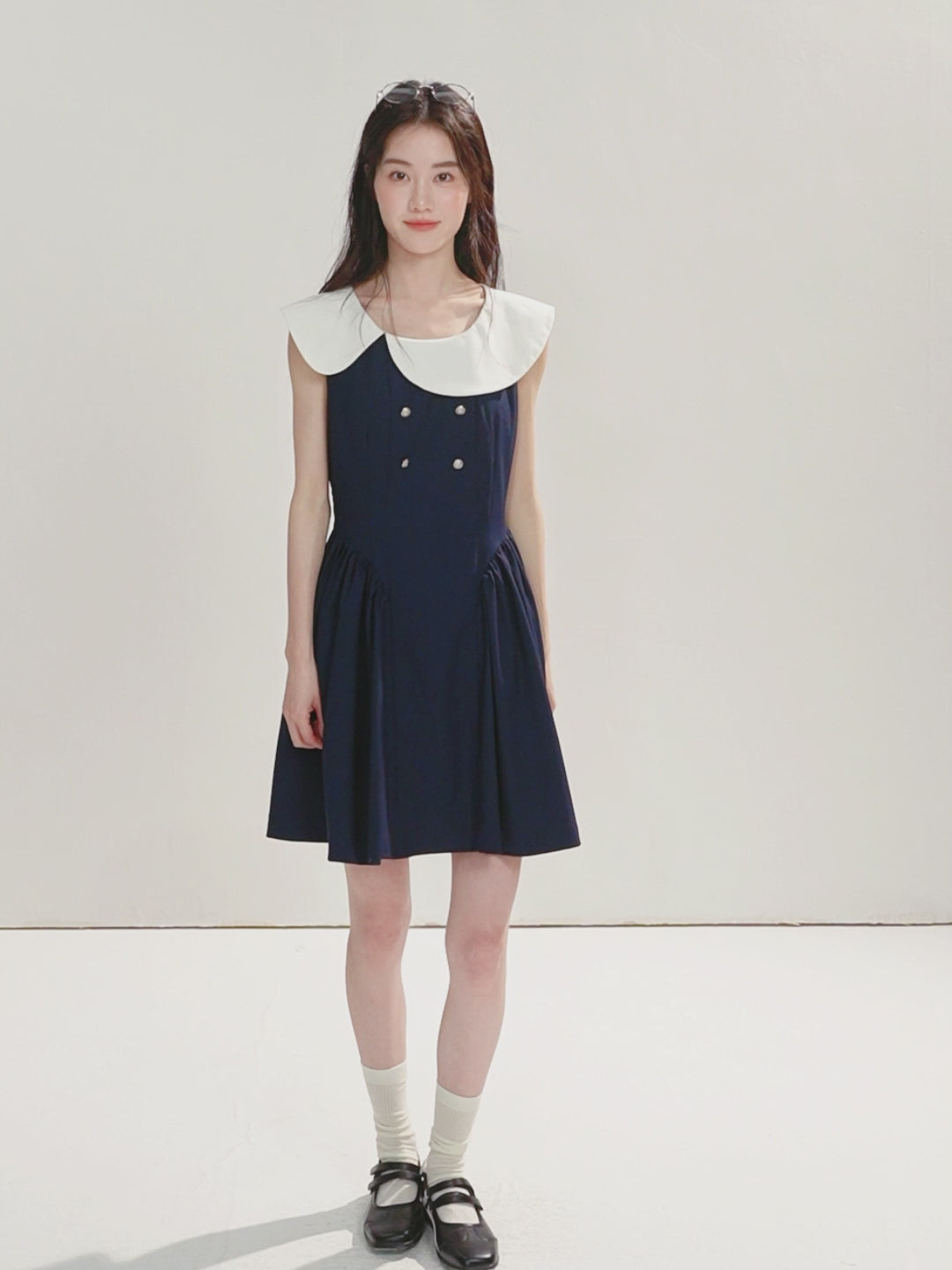 16DEWS 16D26271 Asymmetrical Peter Pan Collar Double-Breasted Waisted A-Line Dress