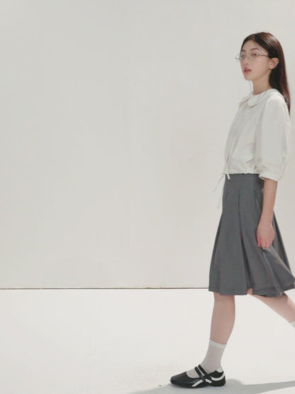 16DEWS 16D26233 Tie-Hem Peter Pan Collar Tuck Pleat Puff Sleeve Cropped Shirt