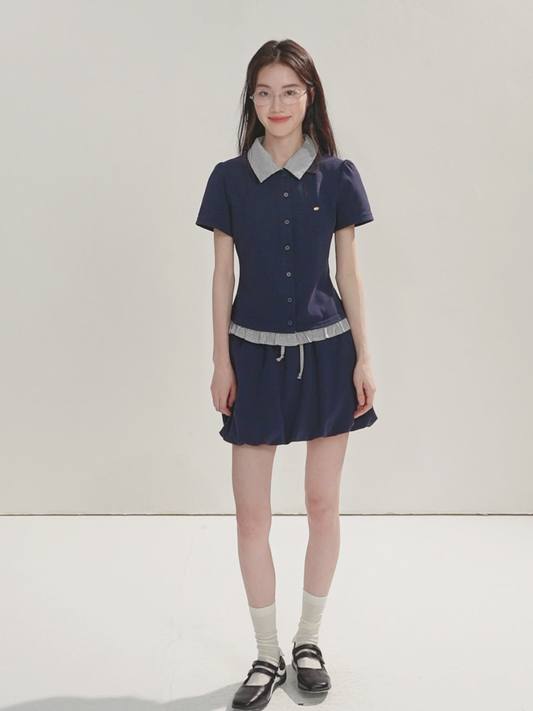 16DEWS 16D26272&amp;16D26273 Plaid Spliced Puff Sleeve Waisted Short-Sleeve Top +Skirt