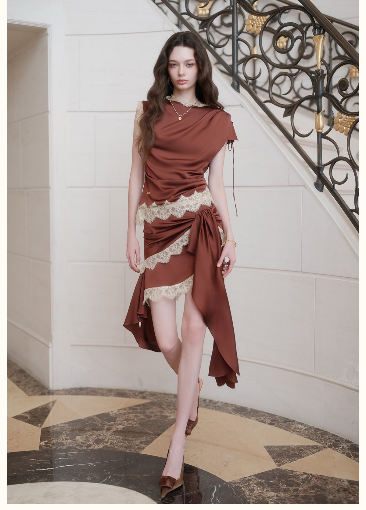 SHEERLUCK SLTZ26722 Serenada Lace Satin Two Piece Set-Mocha Brown