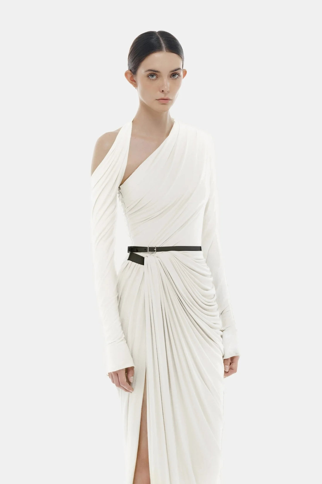 Montsand White draped Asymmetric Maxi Dress