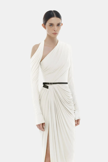 Montsand White draped Asymmetric Maxi Dress