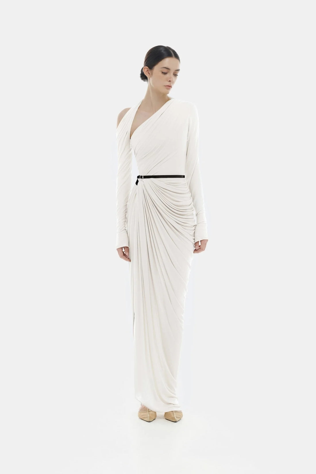 Montsand White draped Asymmetric Maxi Dress