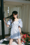 Masion Wester Blue Diamond Chain Lace Bubble Sleeve Dress