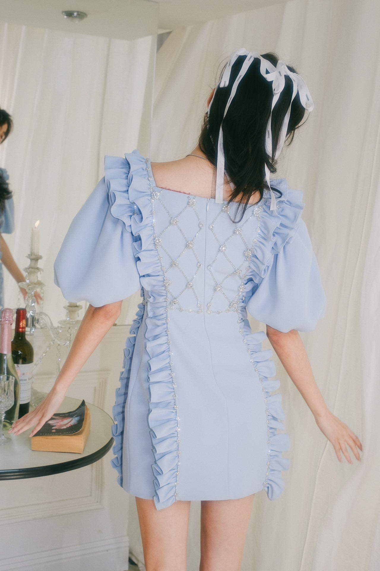 Masion Wester Blue Diamond Chain Lace Bubble Sleeve Dress