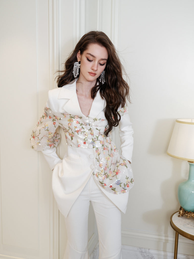 Masion Wester White Floral Embroidery Patchwork Suit Set