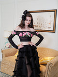 Masion Wester Black Iris Embroidered Top& Black Bow Mesh Skirt