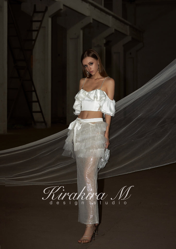 Kirakira.M white handmade lace blouse OR Yarn skirt set