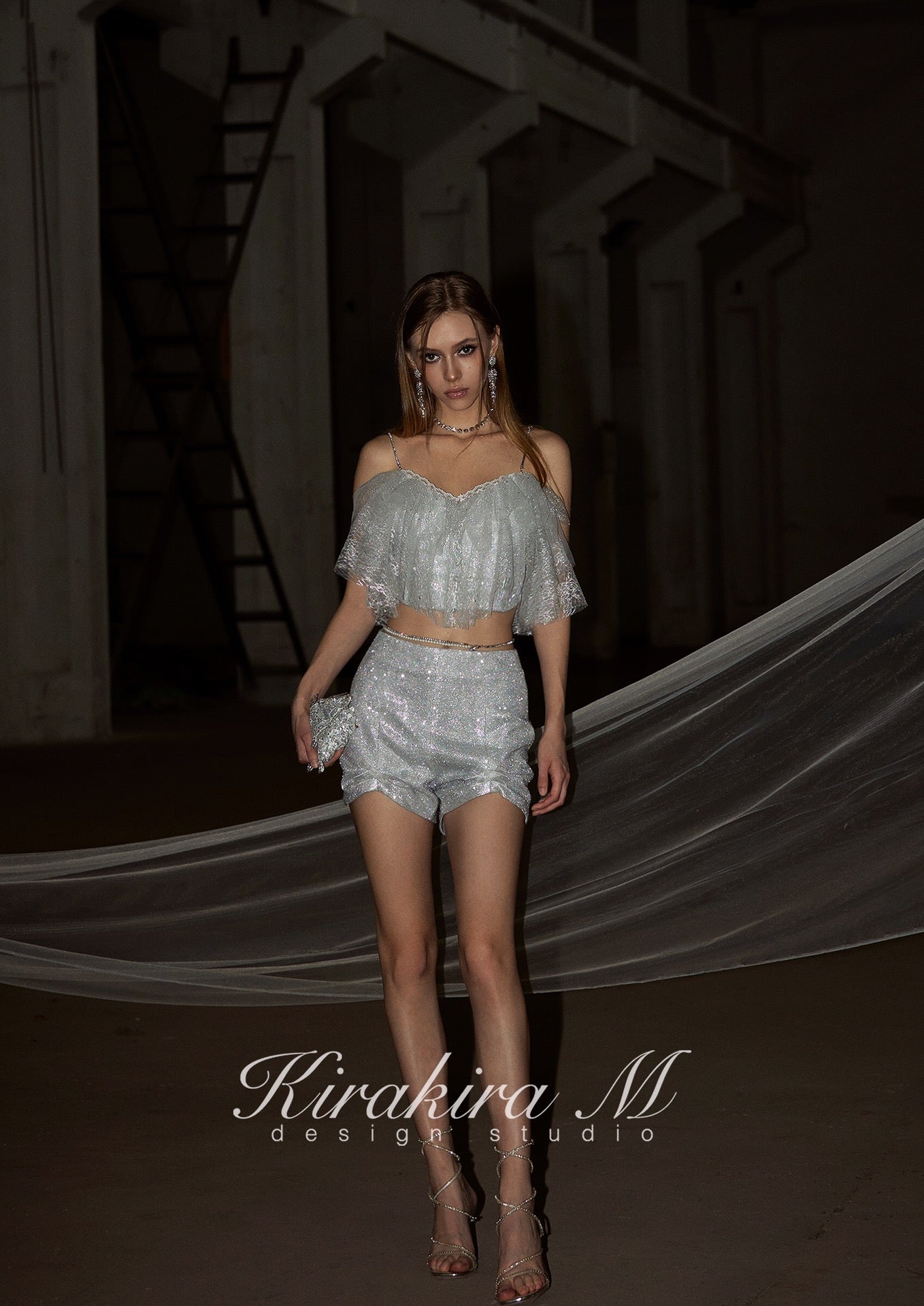 Kirakira.M Silver sparkling layered lace top OR shorts