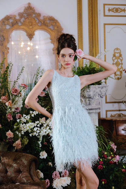 Wardrobes by chen Sequin Pearl Tassel Feather Dress