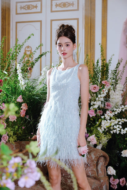 Wardrobes by chen Sequin Pearl Tassel Feather Dress