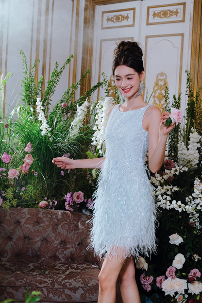 Wardrobes by chen Sequin Pearl Tassel Feather Dress