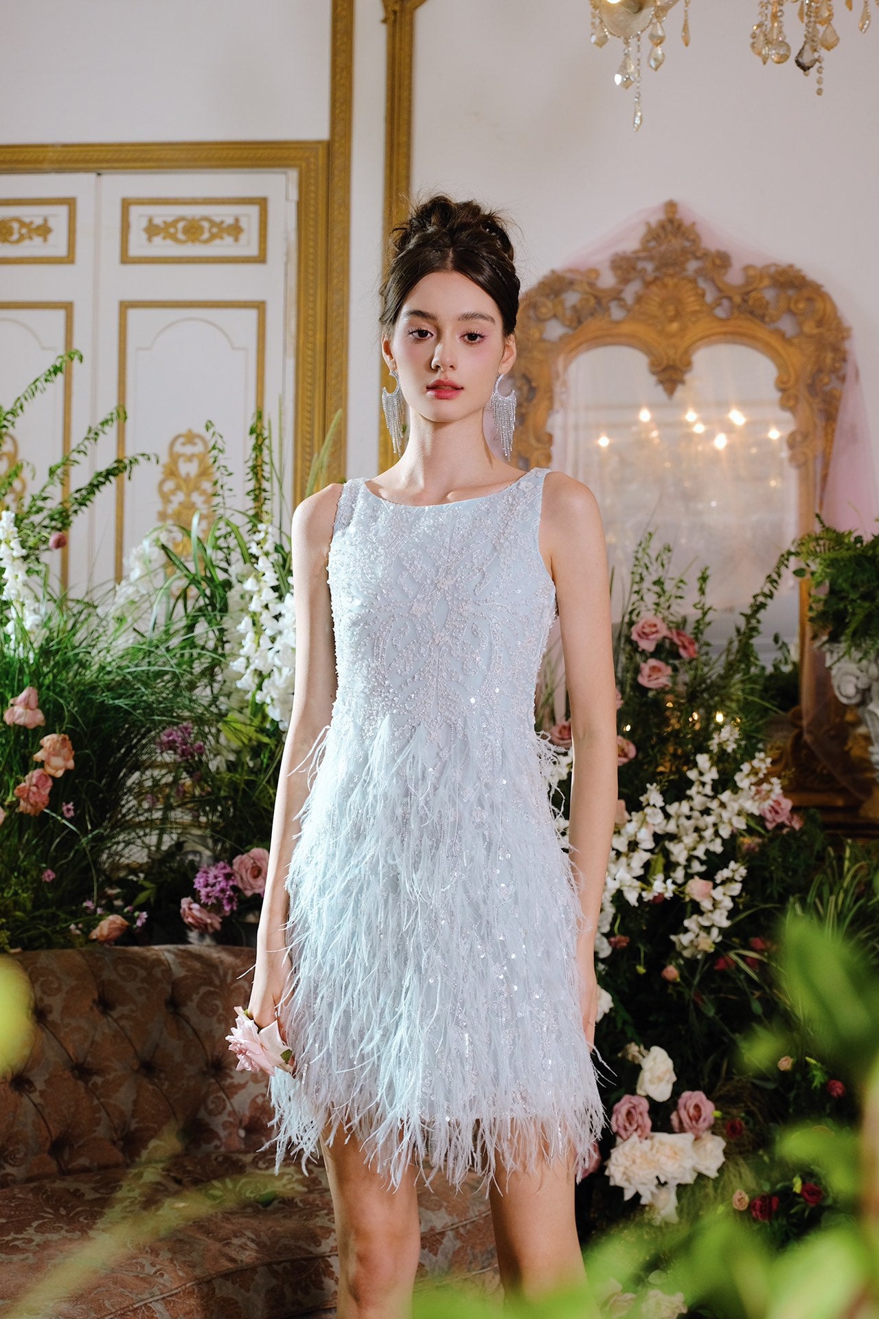 Wardrobes by chen Sequin Pearl Tassel Feather Dress