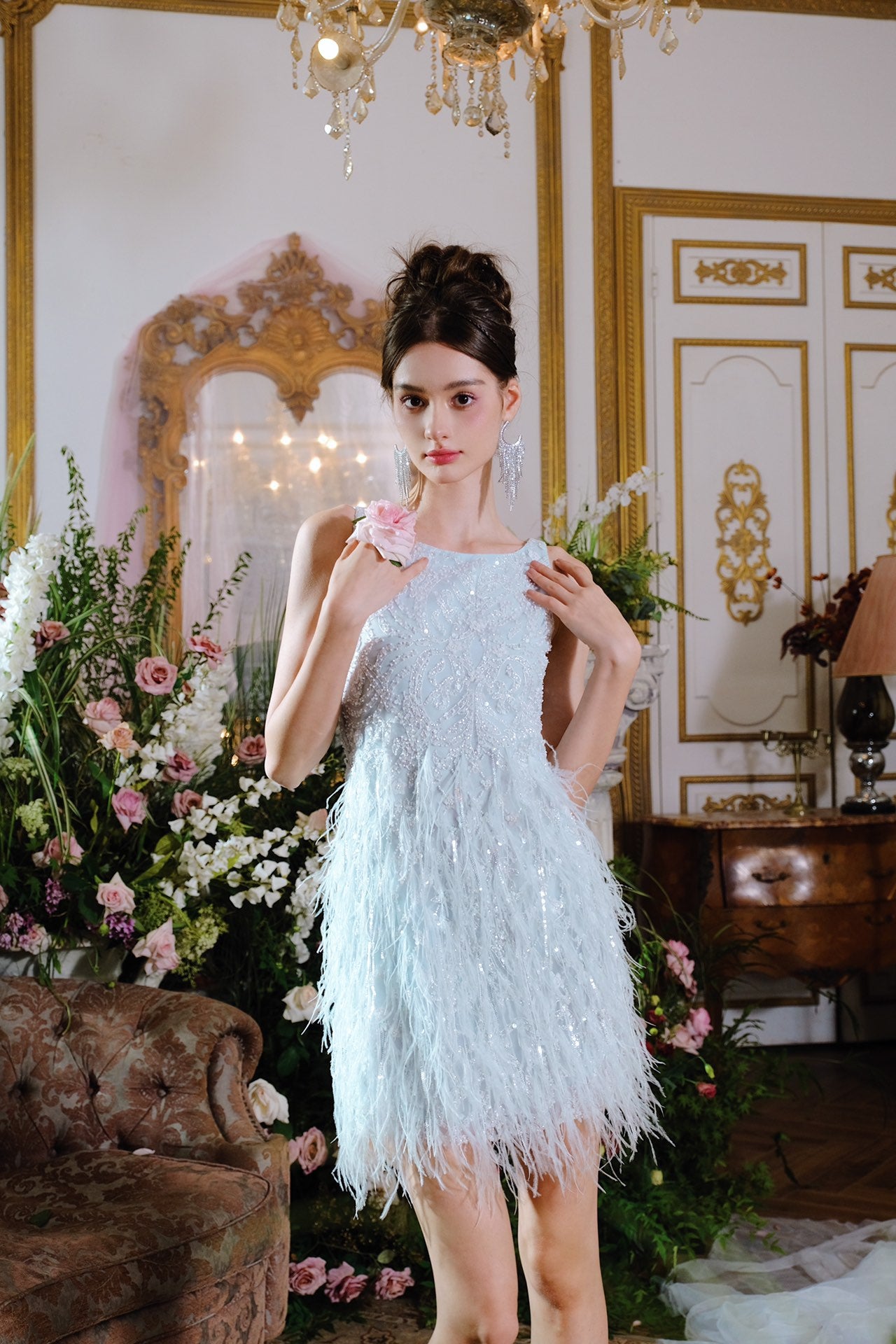 Wardrobes by chen Sequin Pearl Tassel Feather Dress