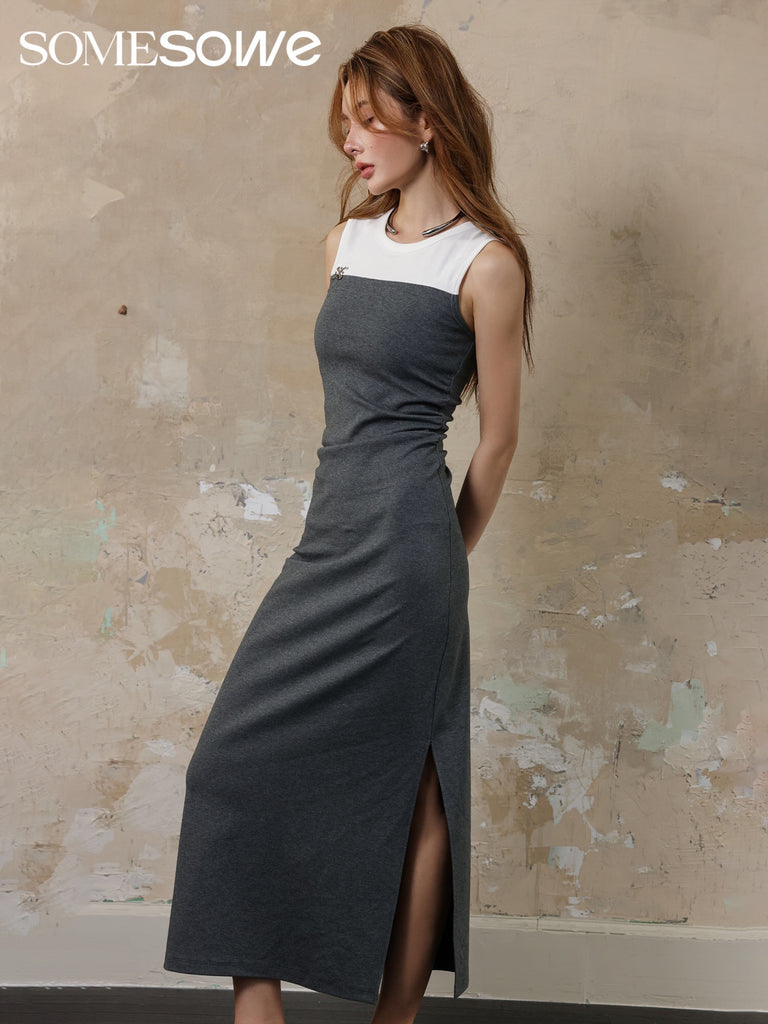 SOMESOWE Contrast stitching pleated sleeveless dress