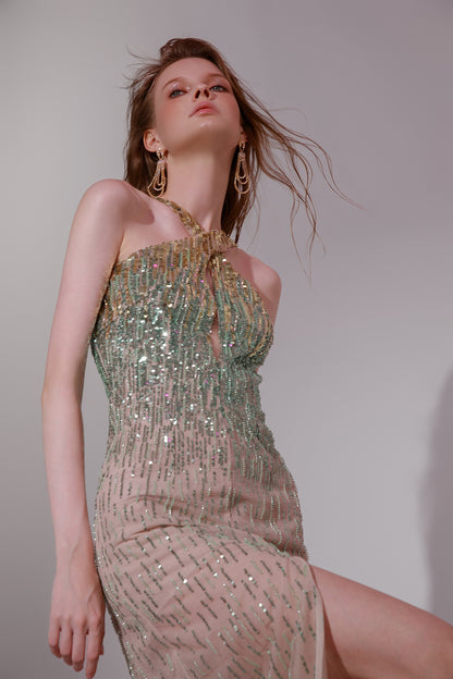 Wardrobes by chen Ombre Sequin Halter midi dress