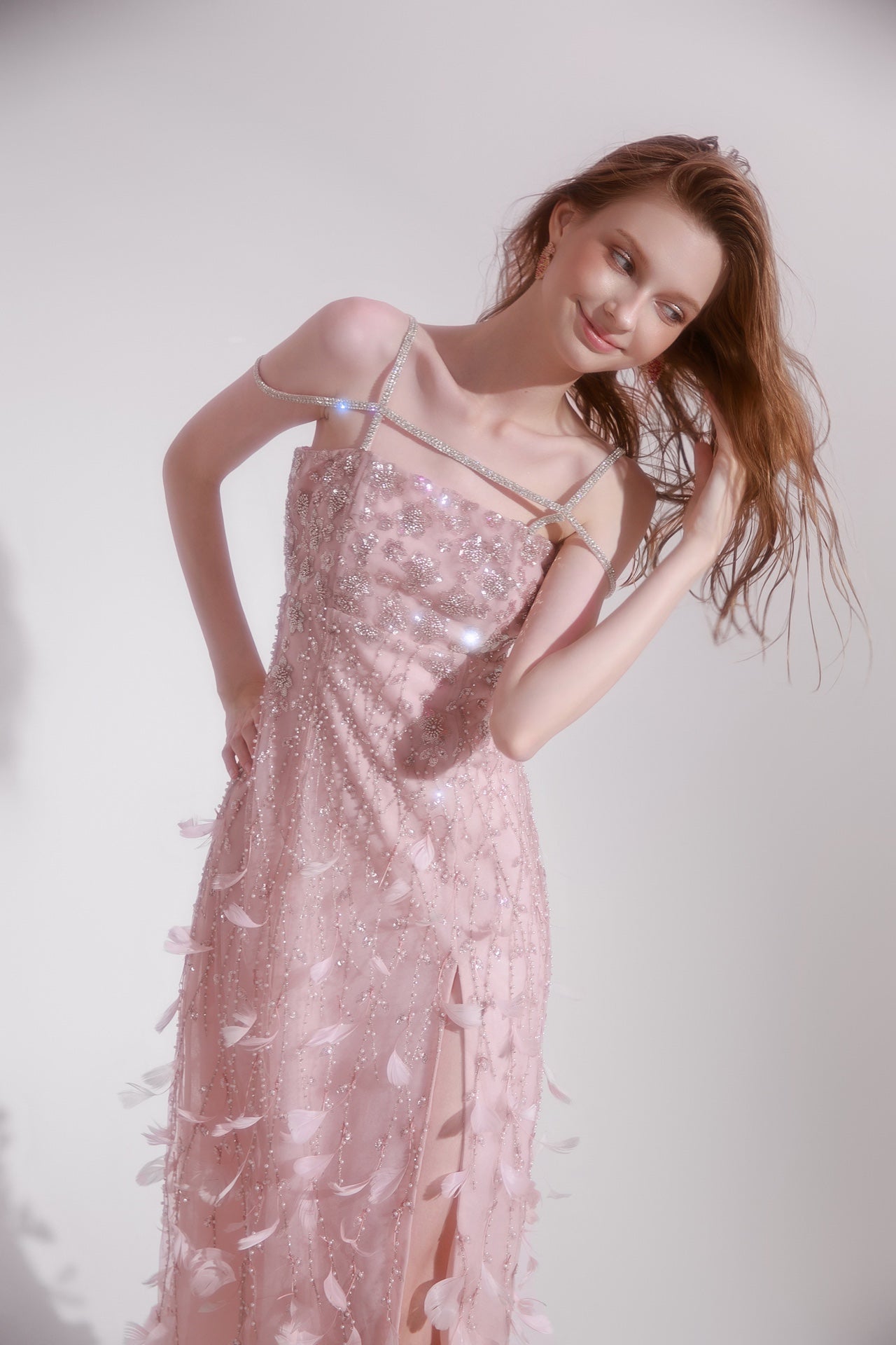 Wardrobes by chen Pink Crystal Feather Slip midi dress