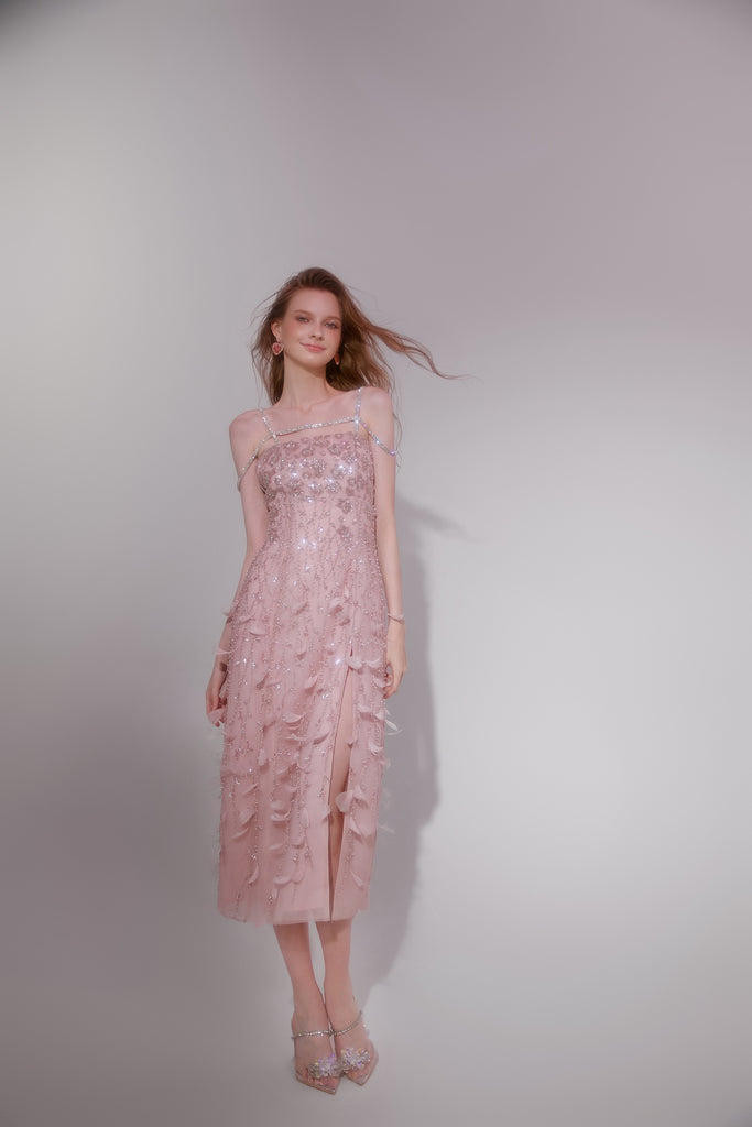 Wardrobes by chen Pink Crystal Feather Slip midi dress