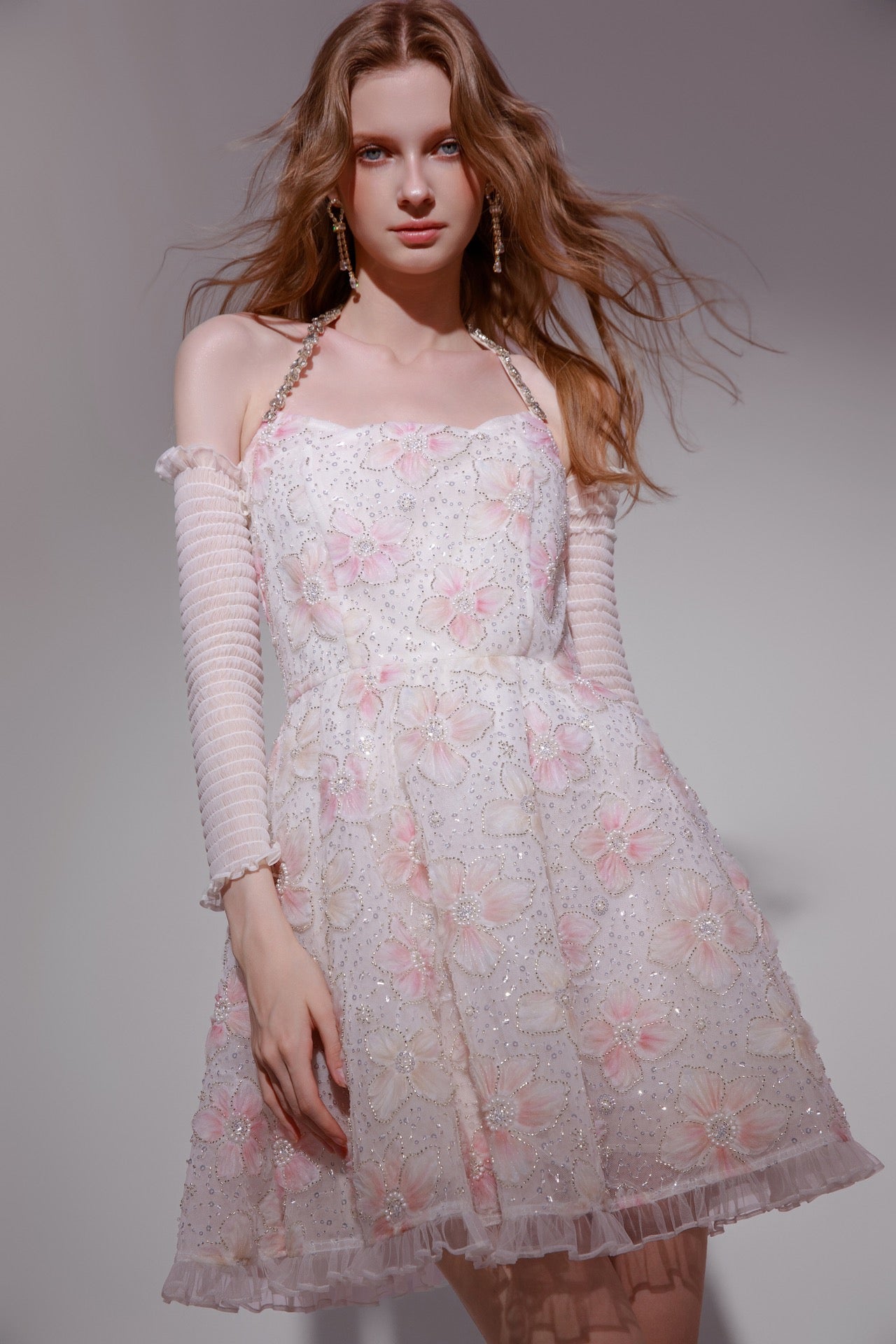 Wardrobes by chen Embroidery Pink Sakura Halter mini dress