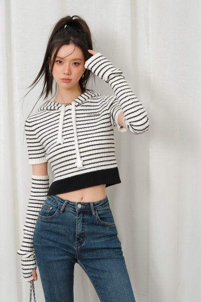 LAFREEDOM SLEEVE STRIPE HOODIE KNIT TOP