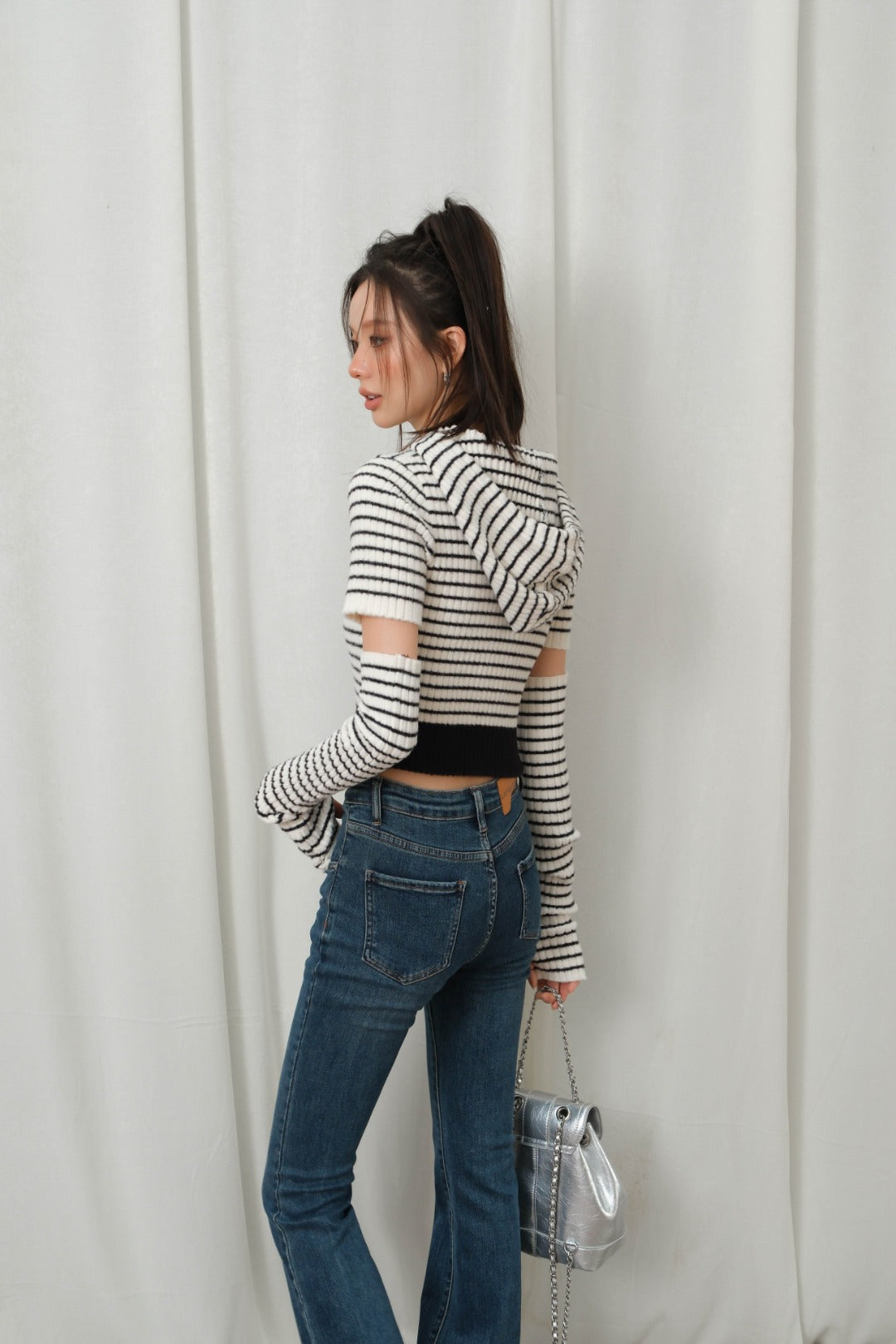 LAFREEDOM SLEEVE STRIPE HOODIE KNIT TOP