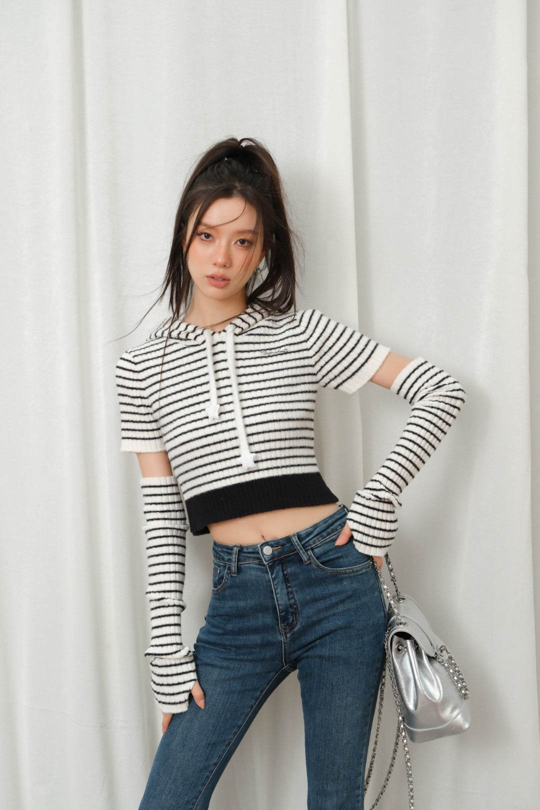 LAFREEDOM SLEEVE STRIPE HOODIE KNIT TOP