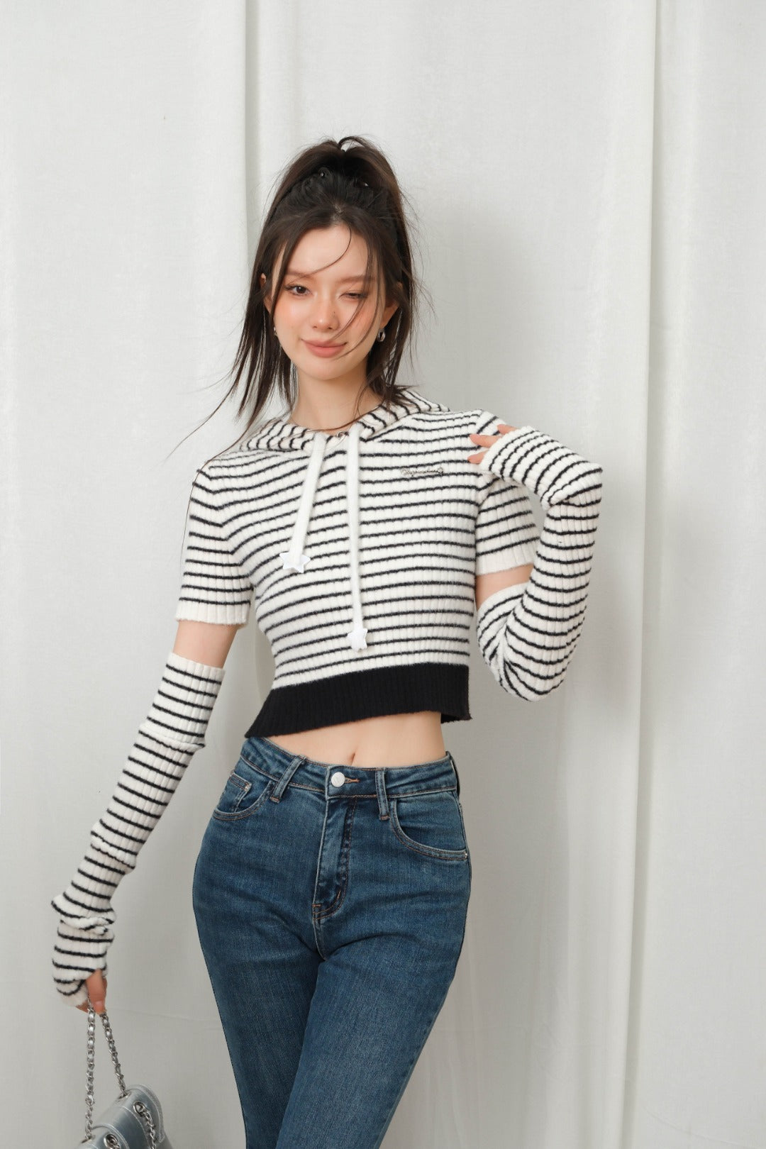 LAFREEDOM SLEEVE STRIPE HOODIE KNIT TOP