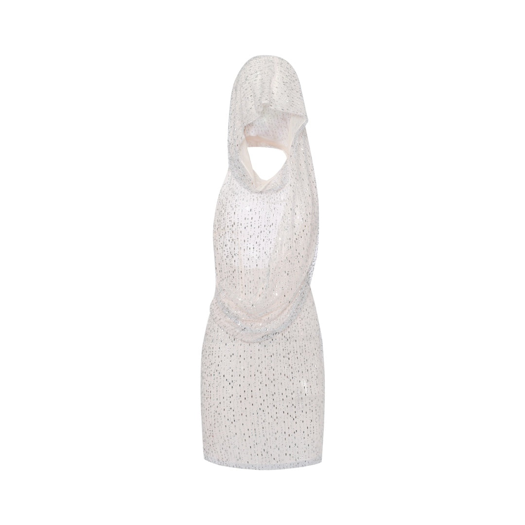 Mimi Plange WINTER CONCERTO Luxury White Hooded Mini Dress