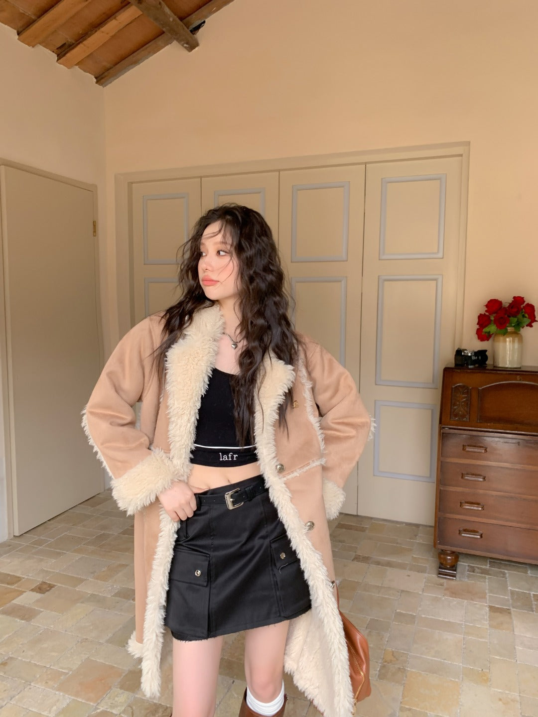 LAFREEDOM Leather and Fur Maxi Coat(2color)