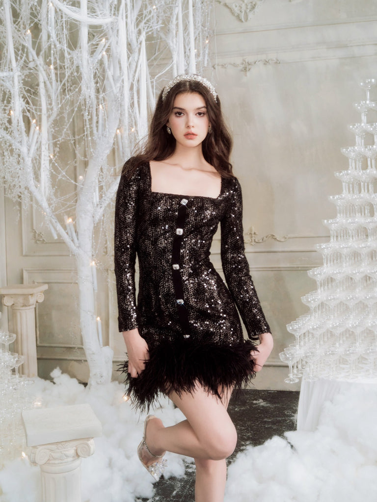 Wardrobes by chen Black lace diamond buckle feather dress