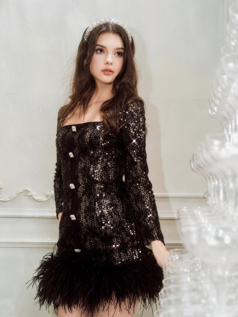 Wardrobes by chen Black lace diamond buckle feather dress