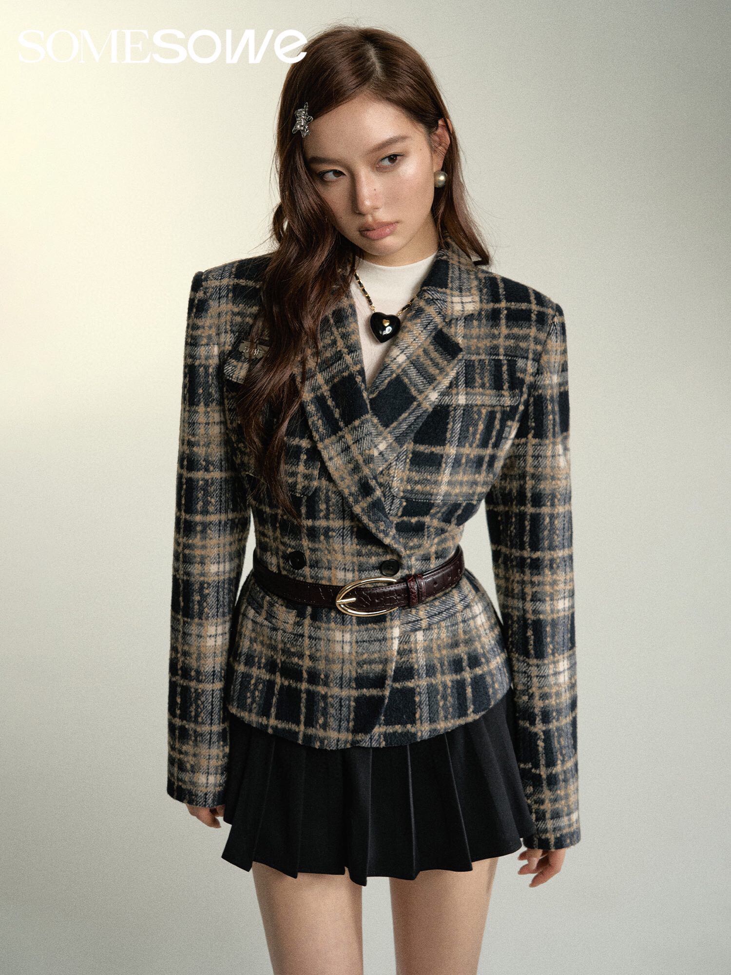 SOMESOWE Grid Belted Blazer