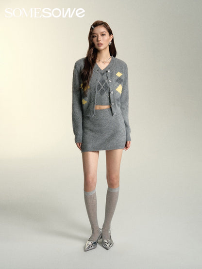 SOMESOWE Grey Lozenge Knit Set