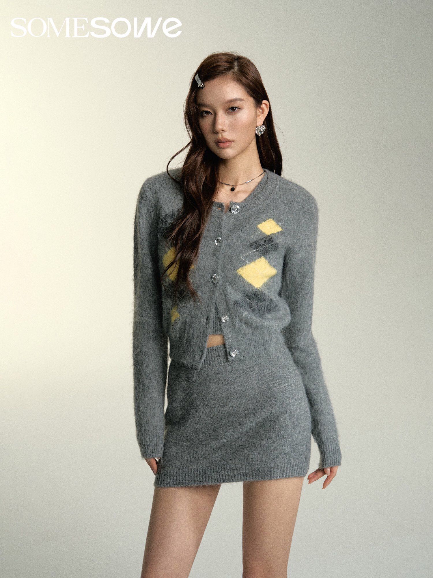 SOMESOWE Grey Lozenge Knit Set