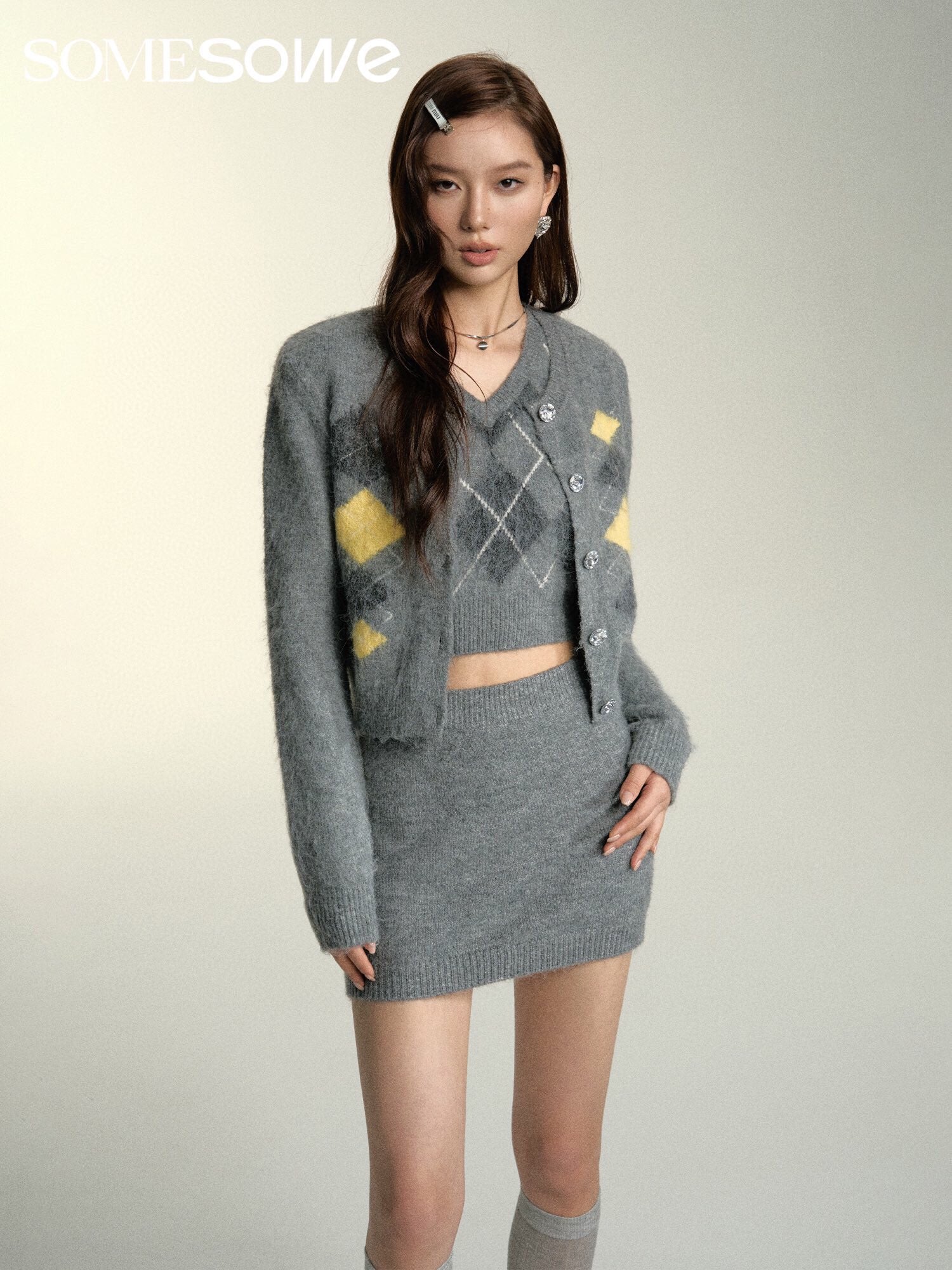 SOMESOWE Grey Lozenge Knit Set