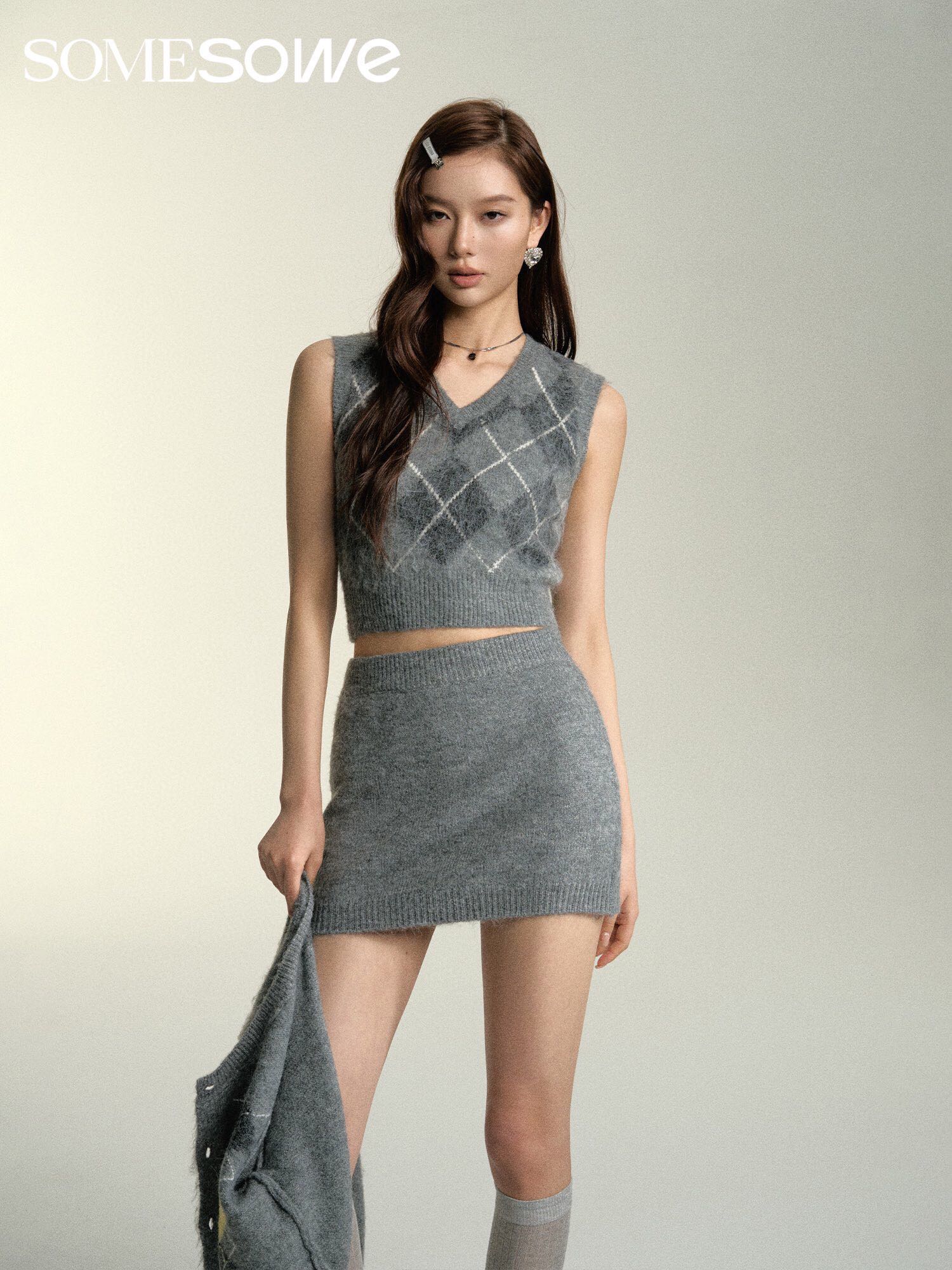 SOMESOWE Grey Lozenge Knit Set