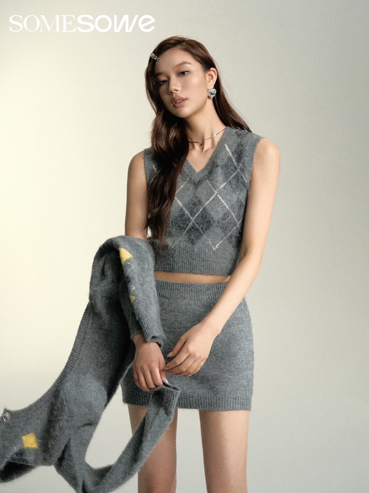 SOMESOWE Grey Lozenge Knit Set