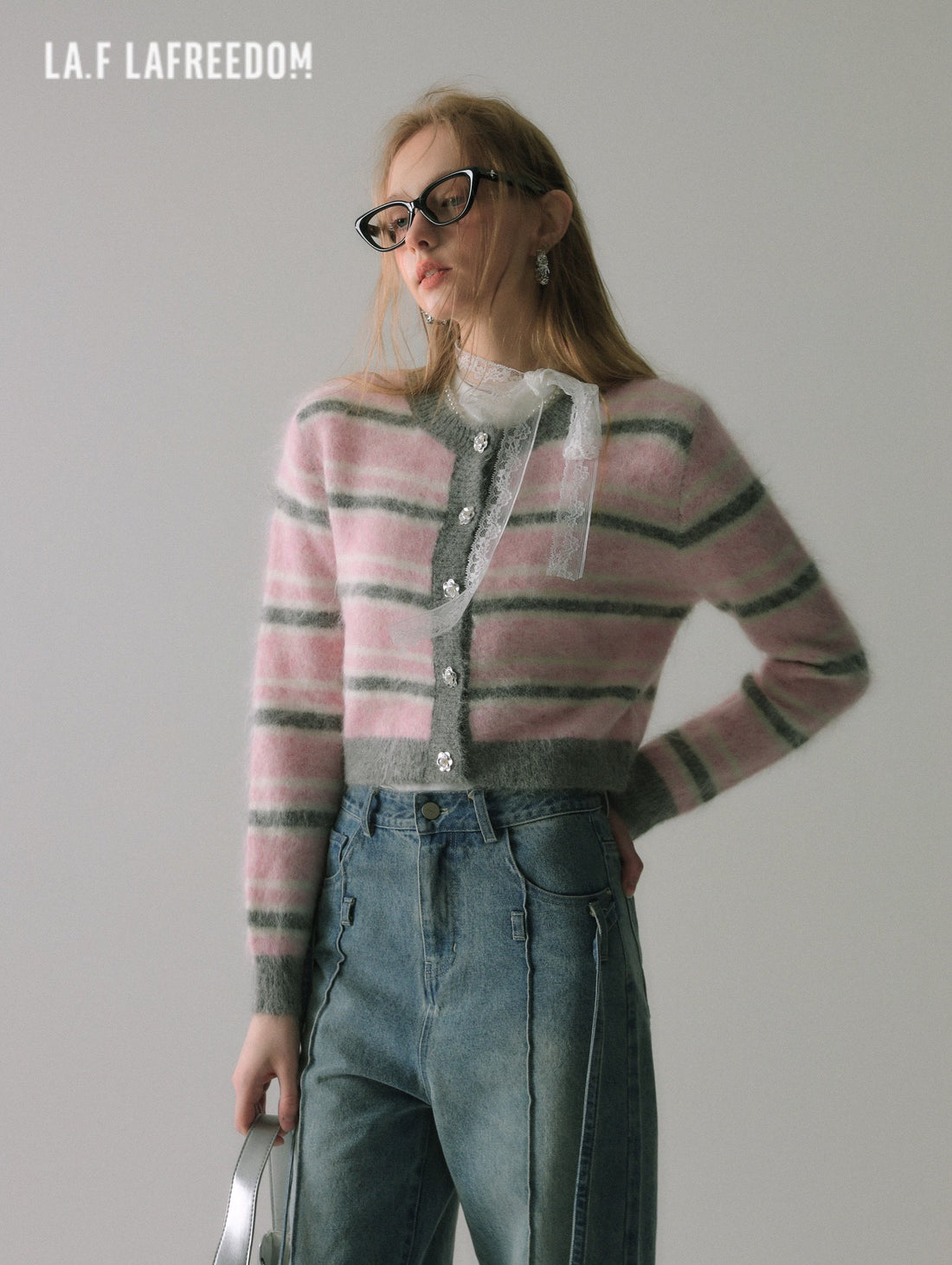 LAFREEDOM SALE Striped Knit Cardigan (Pink)