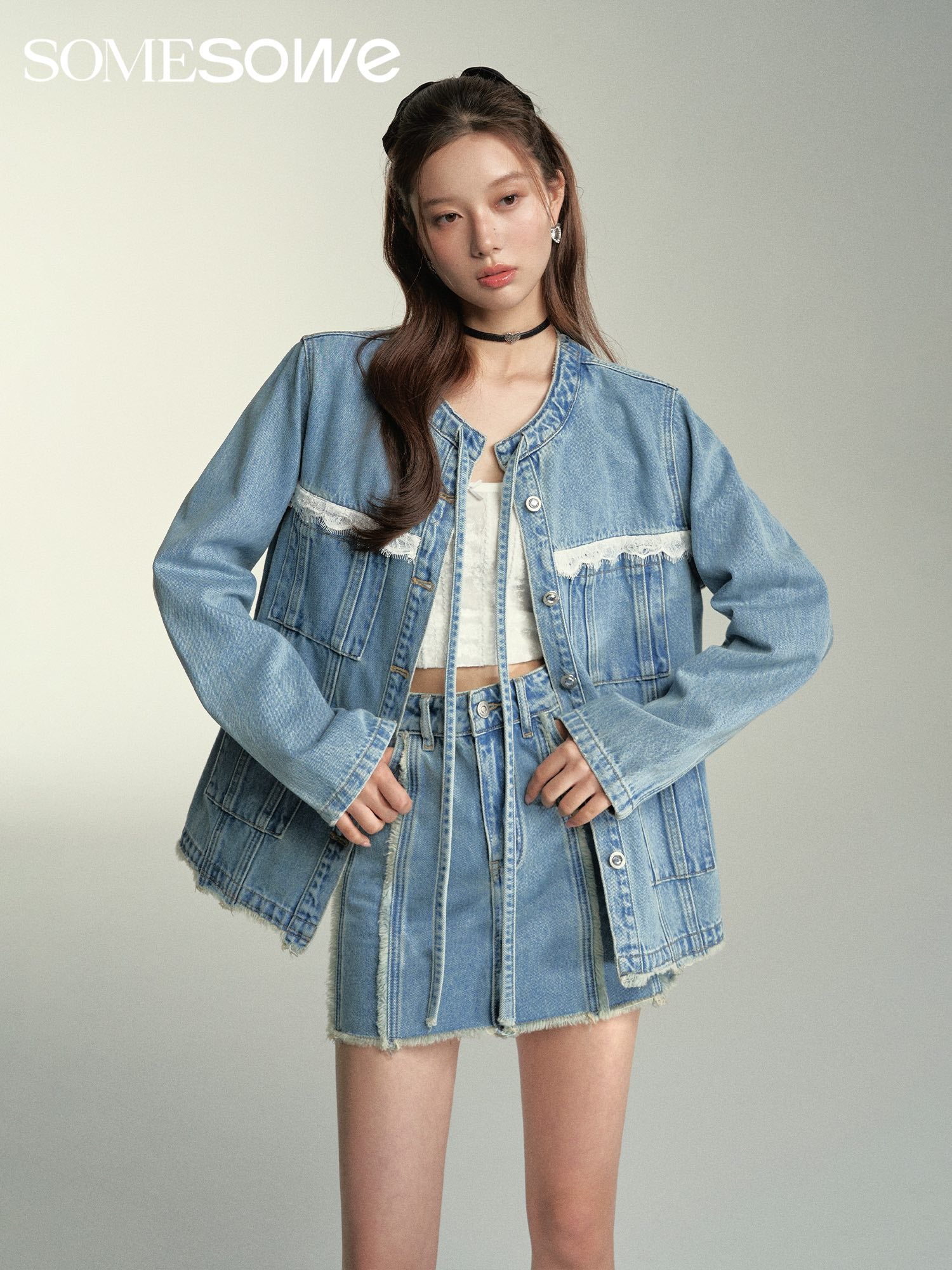 SOMESOWE Cut Edge Denim Jacket Or Skirt Set(Separate)