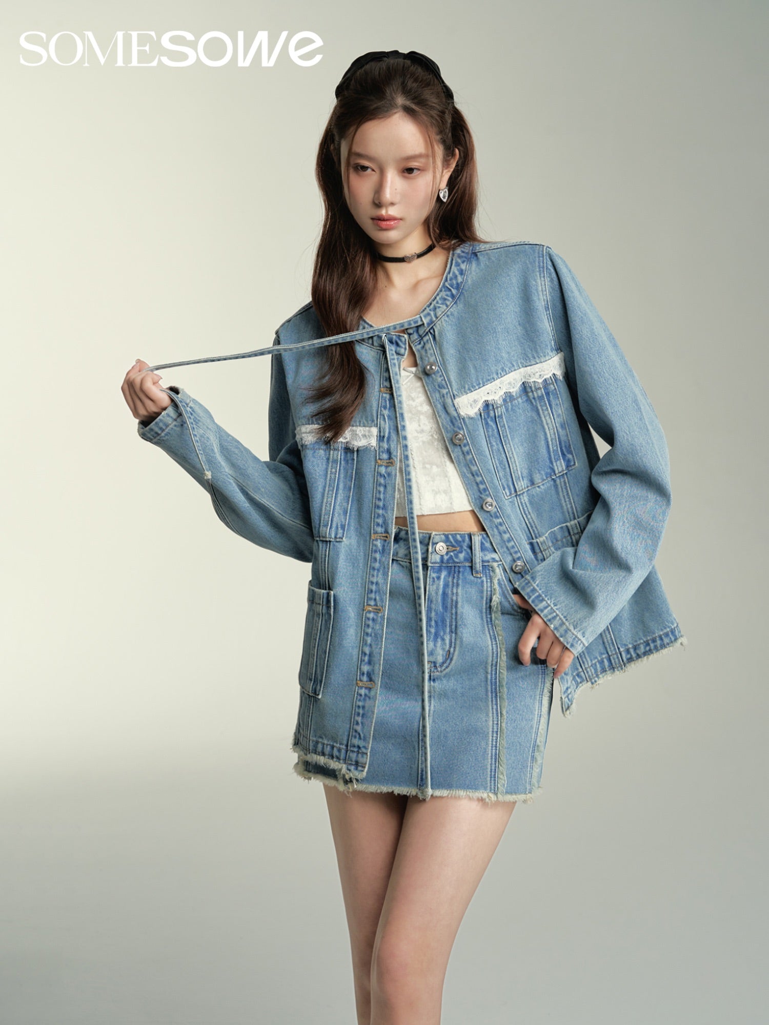 SOMESOWE Cut Edge Denim Jacket Or Skirt Set(Separate)