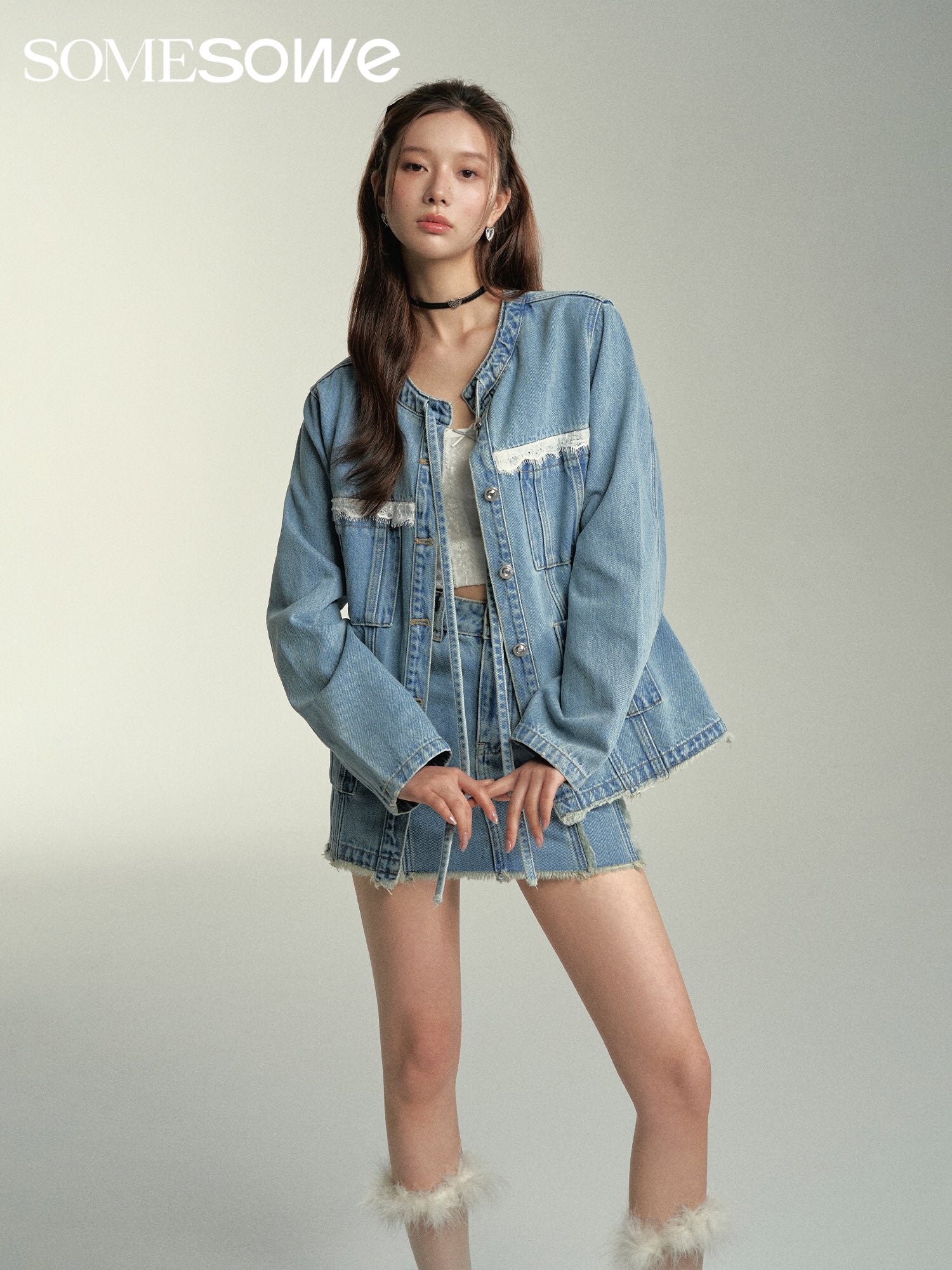 SOMESOWE Cut Edge Denim Jacket Or Skirt Set(Separate)