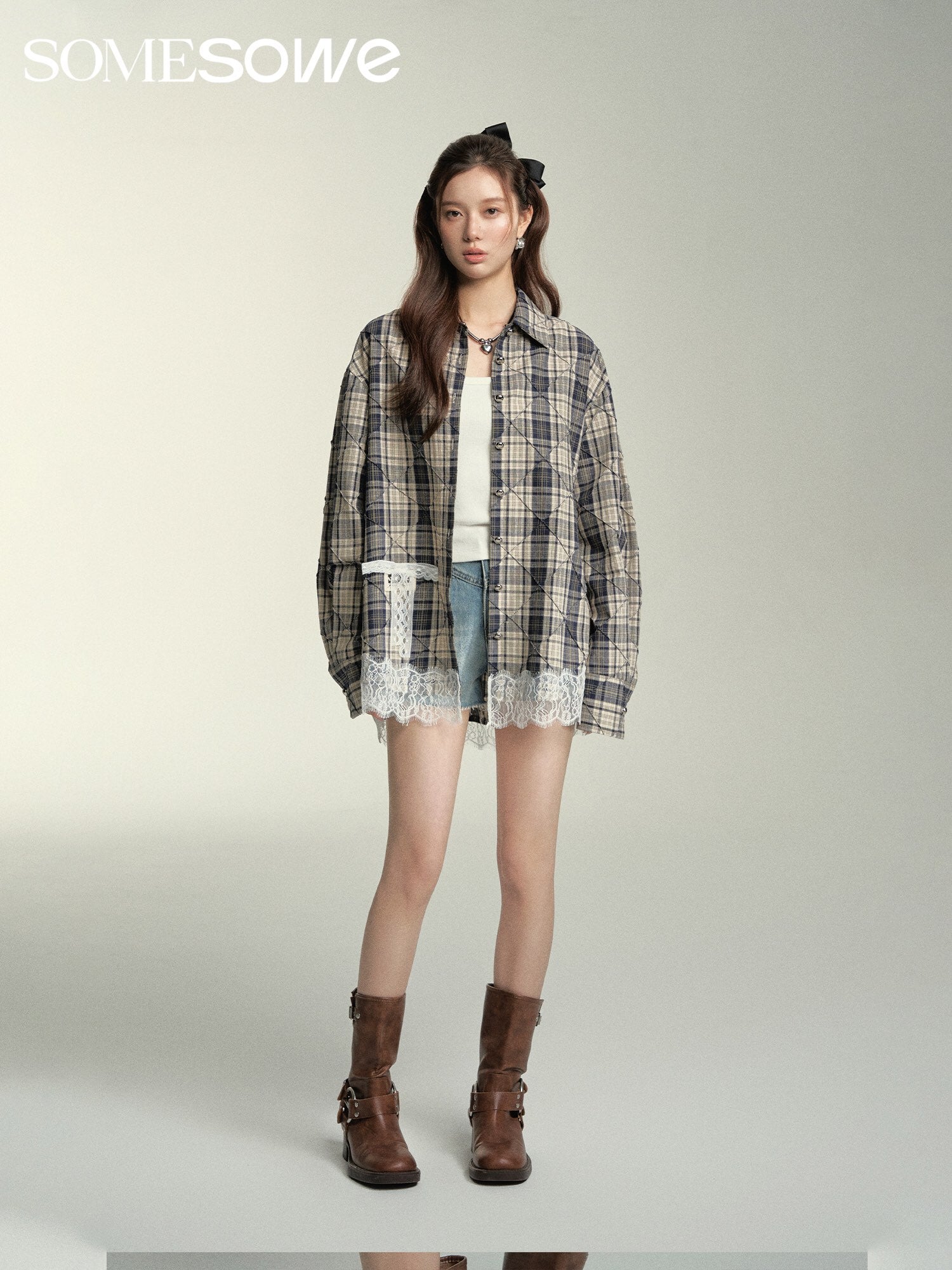 SOMESOWE Lace Patchwork Grid Shirt