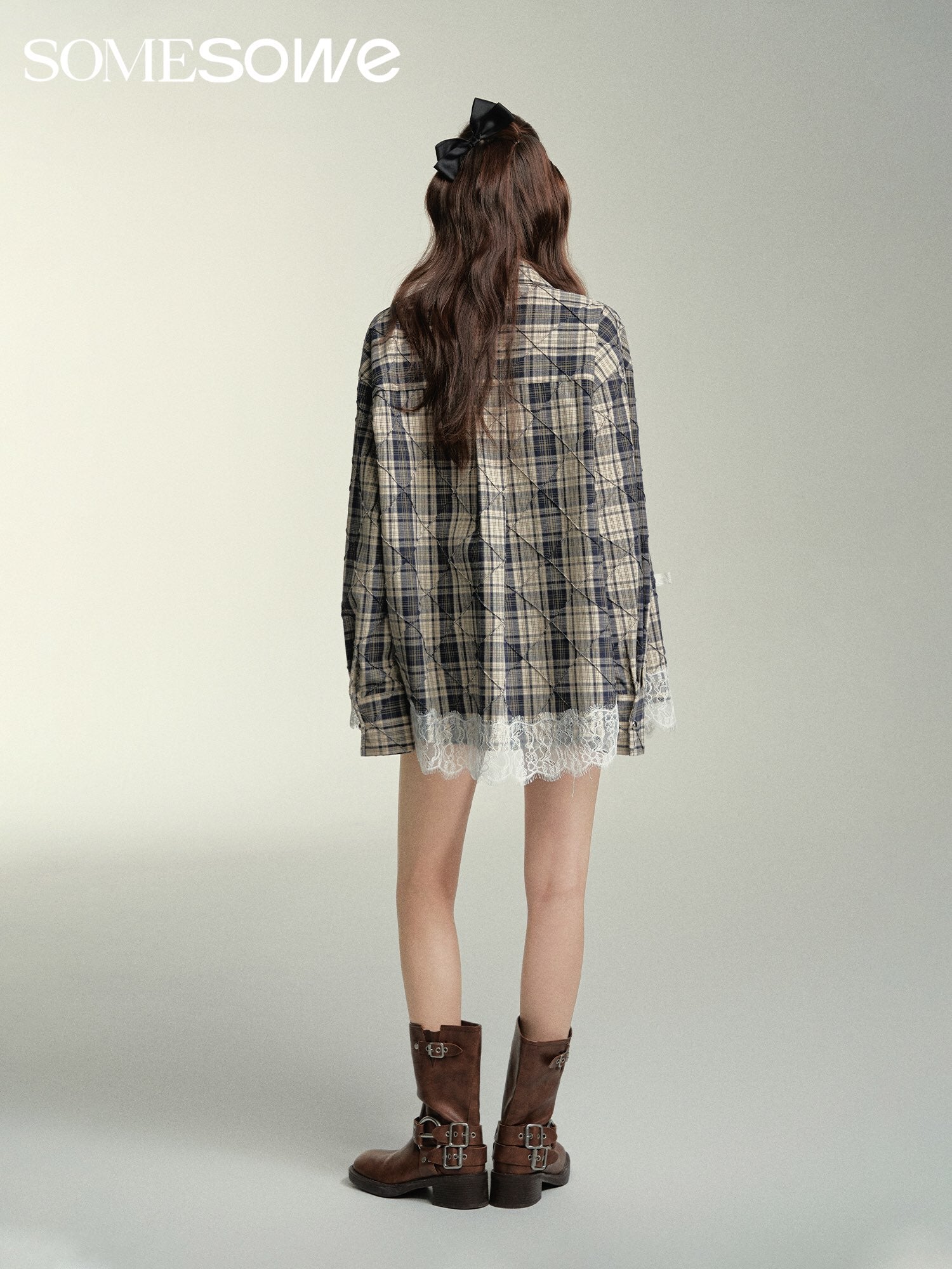 SOMESOWE Lace Patchwork Grid Shirt