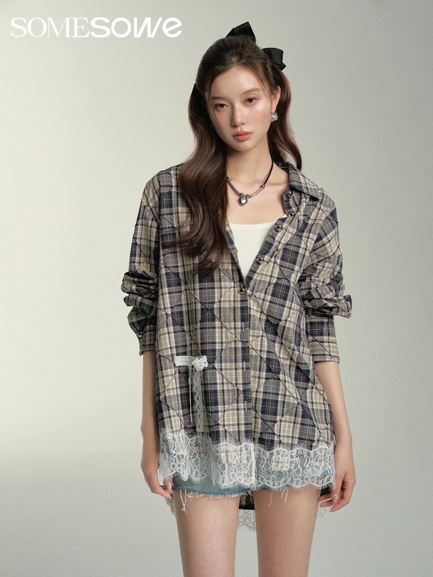 SOMESOWE Lace Patchwork Grid Shirt