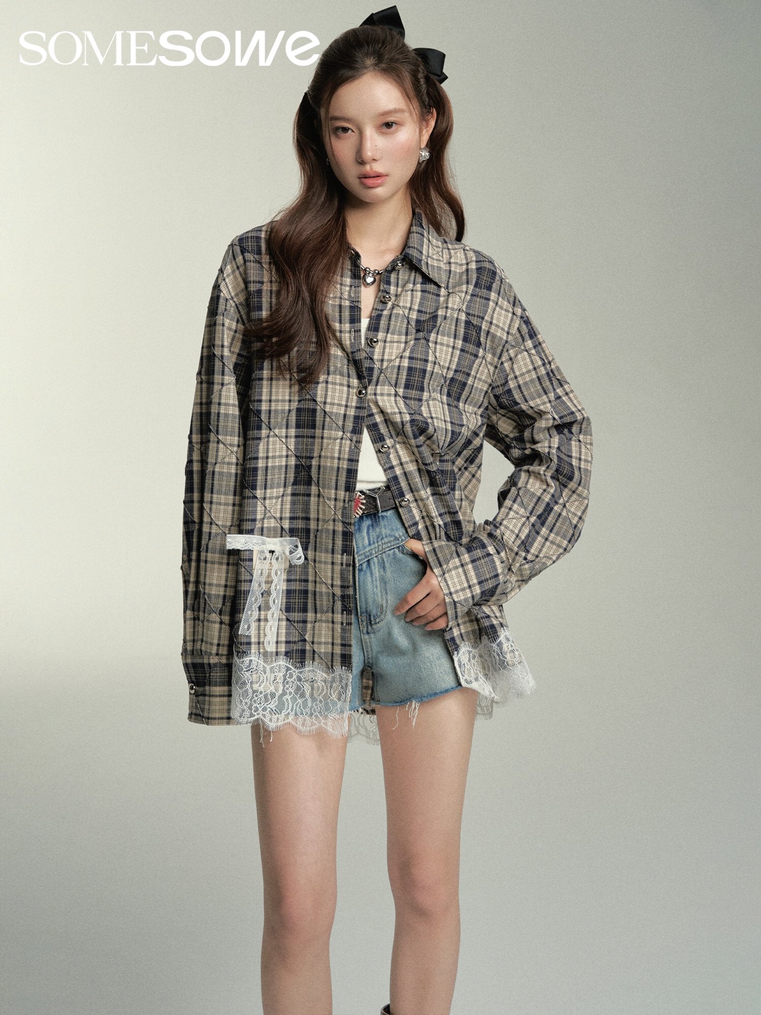 SOMESOWE Lace Patchwork Grid Shirt