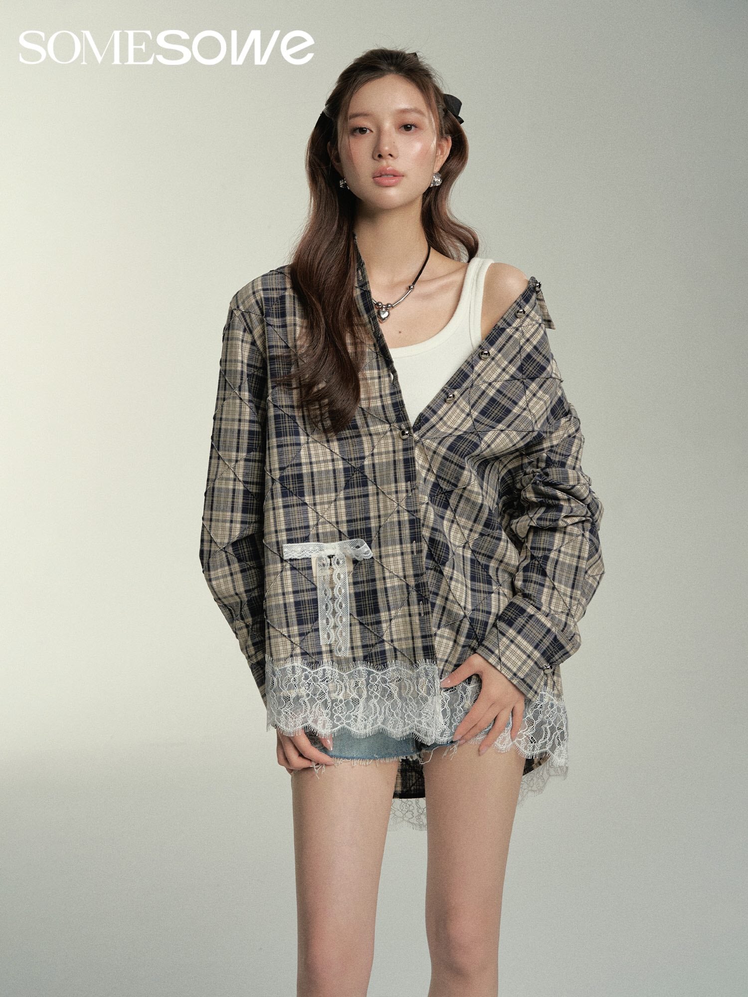 SOMESOWE Lace Patchwork Grid Shirt