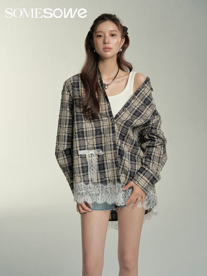 SOMESOWE Lace Patchwork Grid Shirt